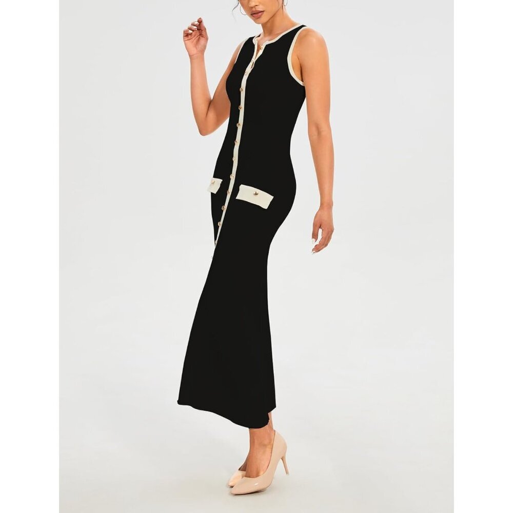 Womens Sleeveless Knit Maxi Dress Ribbed Bodycon Elegant Button Down Summer - Picture 6 of 8